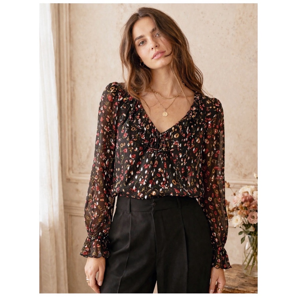 J.Crew Ruffleneck Top in Midnight Vintage Floral Metallic Small Cottagecore